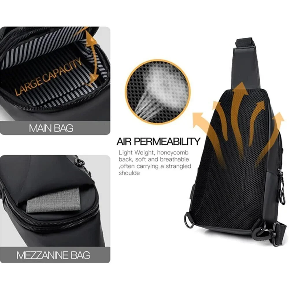 💫 Men Black Crossbody Bag Sling Waterproof USB Charging Port Headphone Backpack